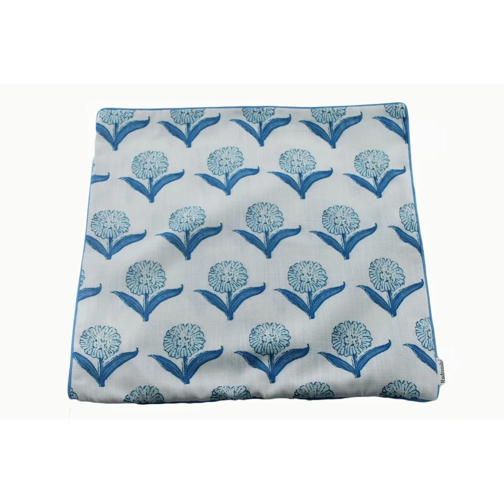 Rudransha Cosmos Floral Printed Throw Pillow Cover 19x19 Blue White